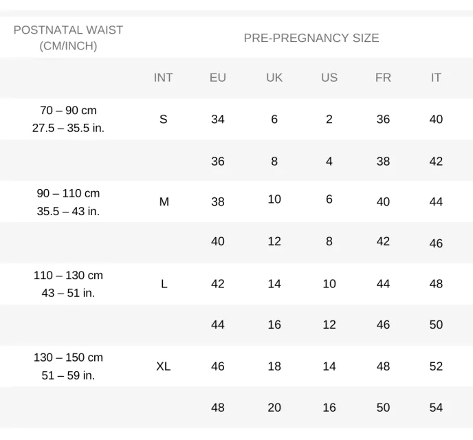 Lola & Lykke® Core Restore Postpartum Belly Band Sizing Guide